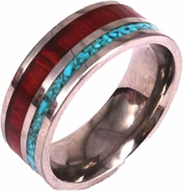 Jewelry Tungsten Gemstone Womens Jewelry Ring with Koa Wood and Turquoise Mineral Stone Center Inlay Comfort Fit