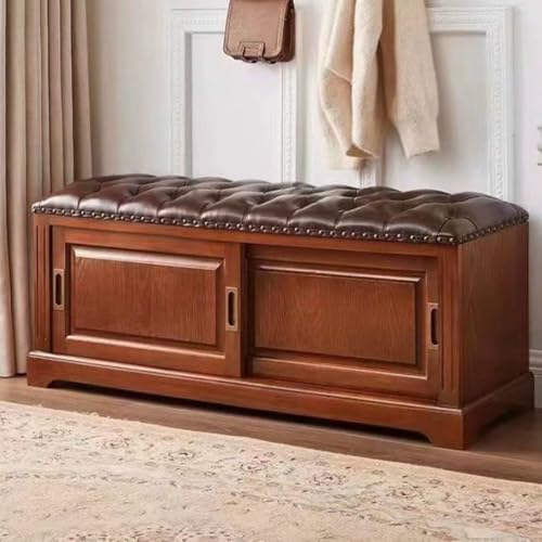 Banco de almacenamiento de zapatos de madera maciza de nogal con cojín de cuero, zapatero de 60 cm con puerta corredera, elegante organizador de entrada para puerta delantera, duradero y funcional