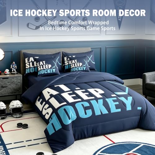 Image of Feelyou Ice Hockey Comforter Set 7 Piece Twin Size Kids Hockey Sports Game Boys Bed in A Bag Girls Ice Hockey Lover Bedding Set Hockey Decor Bed in a Bag with Sheets, Pillowcases, Pillow Covers