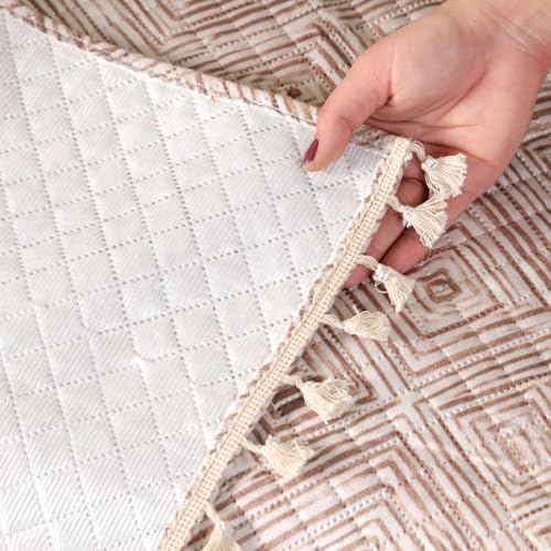 Image of HOMEMONDE 2 Seater Quilted Velvet Printed Sofa Cover with Tassels |Soft, Durable & Premium Fabric with Tassels | Sofa Cover Mats for Living Room, Bedroom & Office (76 X 122 CM, Tribal Lattice)
