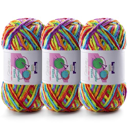 Image of 3 Skeins Soft Fluffy Velvet Yarn, Chenille Chunky Yarn for Hand Knitting and Crocheting DIY Craft, Amigurumi Crochet Yarns(3x196.8yds, 3x3.5oz) (Rainbow Color)