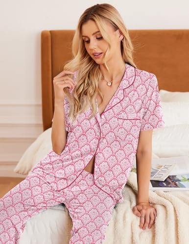 Image of Ekouaer Womens Pajamas Set Short Sleeve Button Down Top & Pants Lounge Pjs | Soft Sleepwear with long pants, ideal for Home relaxation, Wedding, Party, Daily Wear & Breastfeeding