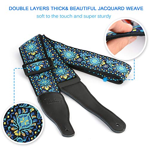 Dulphee Guitar Strap, Jacquard Embroidered Vintage Guitar Shoulder Strap With Durable Genuine Leather Ends For Bass, Electric & Acoustic Guitars (Blue-Yellow) #TOP1