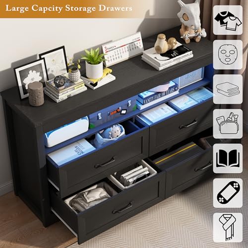 Image of Wodeer Black Dresser for Bedroom, Wood 4 Drawer Dresser with LED Light, Dressers & Chests of Drawers with Metal Handles, Storage and Organization for Bedroom, Hallway, Entryway