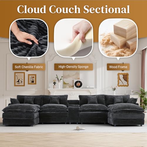 Image of 145 inch Oversized U Shaped Modular Sectional Sofa with Ottoman, Comfy Fluffy Soft Corduroy, Large Cloud Couch with USB Port, Cup Holder and Storage Central Console for Living Room, Deep Grey