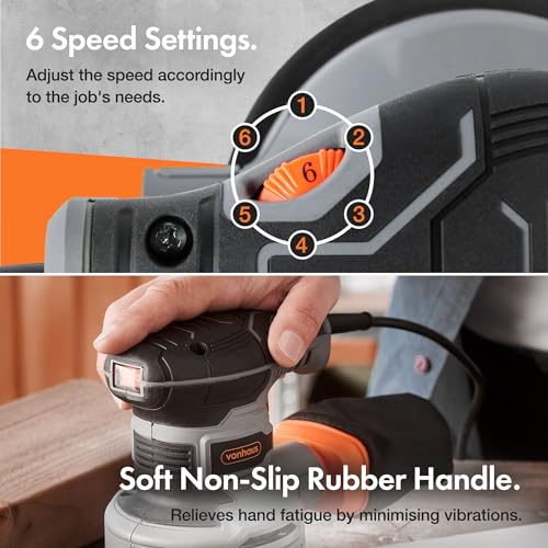 Vonhaus Random Orbit Sander - Variable Speed Up To 14000RPM With 12 Sanding Pads Included, Dust Collection System, Soft Grip Handle 300W And 125Mm Pad Size - 3