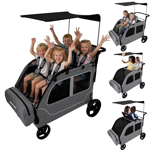 Germinate 4 Seater Wagon Stroller, Large Quad Wagon for Kids 2 3 4 Baby Toddler Child Travel All Terrain Push Triple Twin Double Side by Side Stroller with Canopy Seats (Dark Grey)