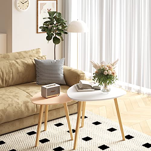 Bameos Bamboo Nesting Triangle End Table,Set Of 2 Coffee Table Modern Minimalist Side Table For Living Room (White & Pink) #TOP2