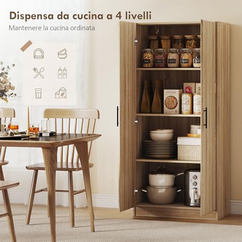 HOMCOM Credenza Cucina con Ante a Chiusura Ammortizzata, Dispensa Cucina con 2 Ripiani Regolabili, Mobile Dispensa per Soggiorno, Sala da Pranzo, Salotto, 75x40x165 cm, Color Legno - immagine 5
