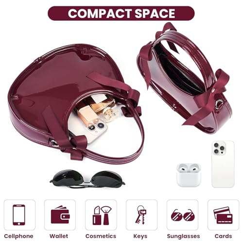 Image of Small Purse for Women Burgundy Clutch Purse Patent Leather Shoulder Handbag | Small Crossbody Purse with Bow Decoration