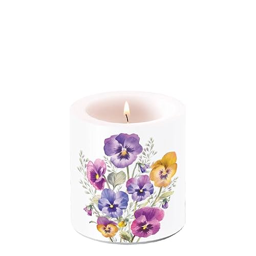 Ambiente Bougie pilier en cire - 9 cm de haut - Durée de combustion : environ 35 h - Fleurs - Printemps été - Jardin - Pensées - Série Pansies