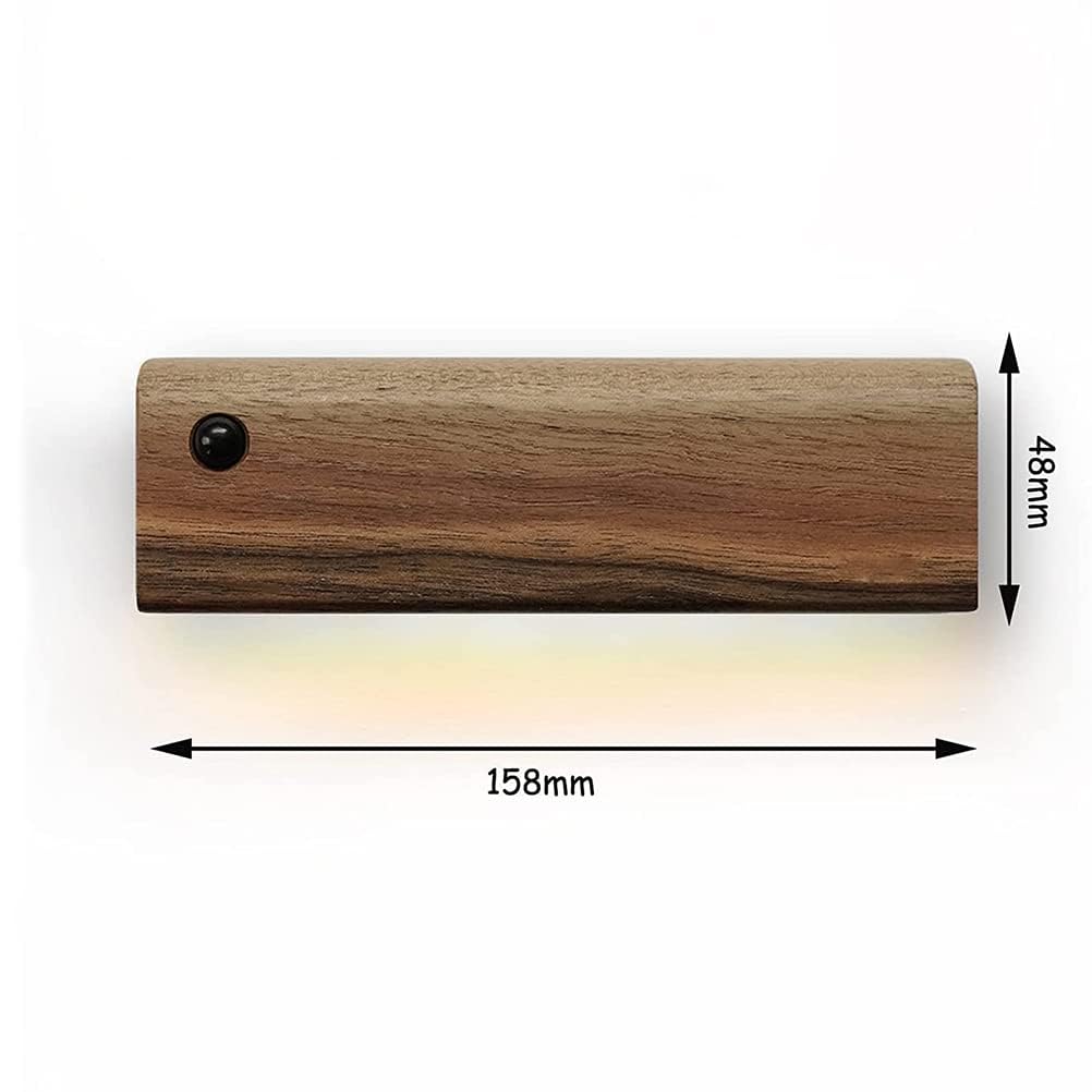 Lámpara de pared LED de madera interior con interruptor y detector de movimiento, luz blanca cálida de 3000 K, batería moderna, recargable por USB, lámpara de pared con imán de iluminación interior