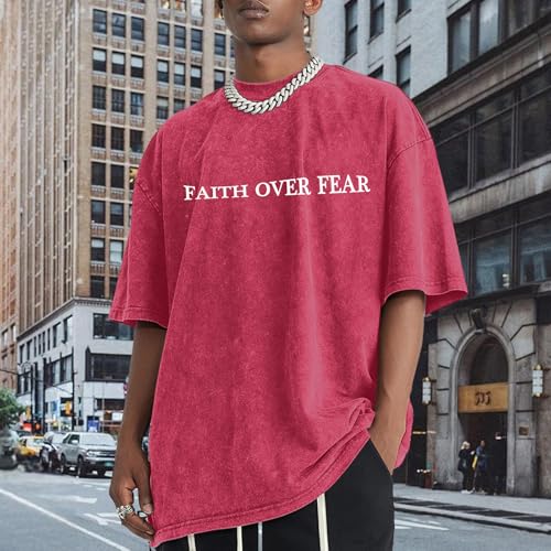 Image of Christian Faith Over Fear Shirt for Men Jesus Religious Shirts Oversized Graphic Tees Acid Wash God T-Shirt