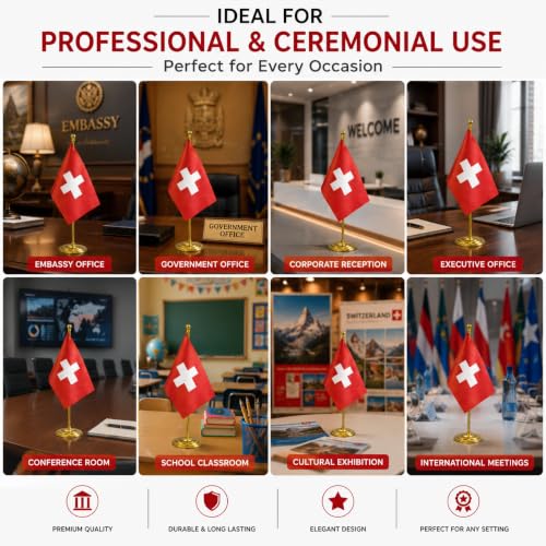 Image of The Flag Company Gold Acrylic Pole with Round Base | Desk Flag for Office, Reception & Home Decor (Switzerland)