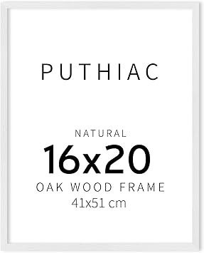 puthiac 16x20 White Picture Frames for Wall - Minimalist 16x20 Oak Wood Frames, 16"x20" Picture Frame Wood, Natural Solid Wooden Picture Frames for Wall Art Photo and Prints (1 Pack, White)