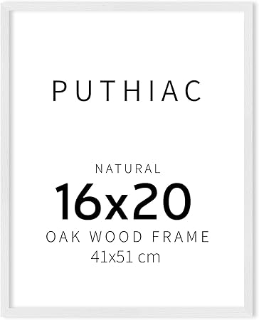 puthiac 16x20 White Picture Frames for Wall - Minimalist 16x20 Oak Wood Frames, 16"x20" Picture Frame Wood, Natural Solid Wooden Picture Frames for Wall Art Photo and Prints (1 Pack, White)