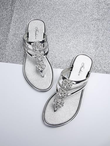 Verdusa Women's Glitter Dressy Sandals Shiny Floral Slip on Flat Flip Flops3