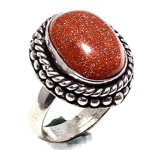 Bague en Pierre de Soleil Rouge Fait Main en Argent 925 Taille 6.25 SF-1907