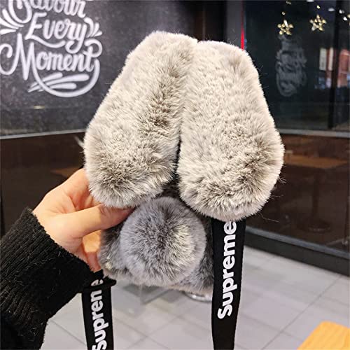 Plüsch Hadwii Hülle für iPhone 13 mini lauschige Hasen Fell Handyhülle mit Handykette Mädchen Süße Kaninchen Pelz Niedlich Hasenohren Handytasche Für iPhone 13 mini -Grau Cover