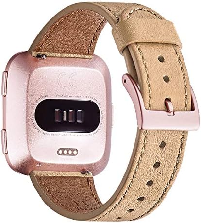 WFEAGL for Fitbit Versa Band, Top Grain Leather Band Replacement Strap for Fitbit Versa/Versa 2 /Versa Lite/Versa SE Fitness Smart Watch(Camel Band+Rose Gold Buckle)