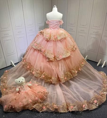 Mauuwy Gold Lace 2 in 1 Quinceanera Dresses Ball Gown Off Shoulder 3D Floral Sweet 15 16 Dresses Tulle Prom XV Dresses4