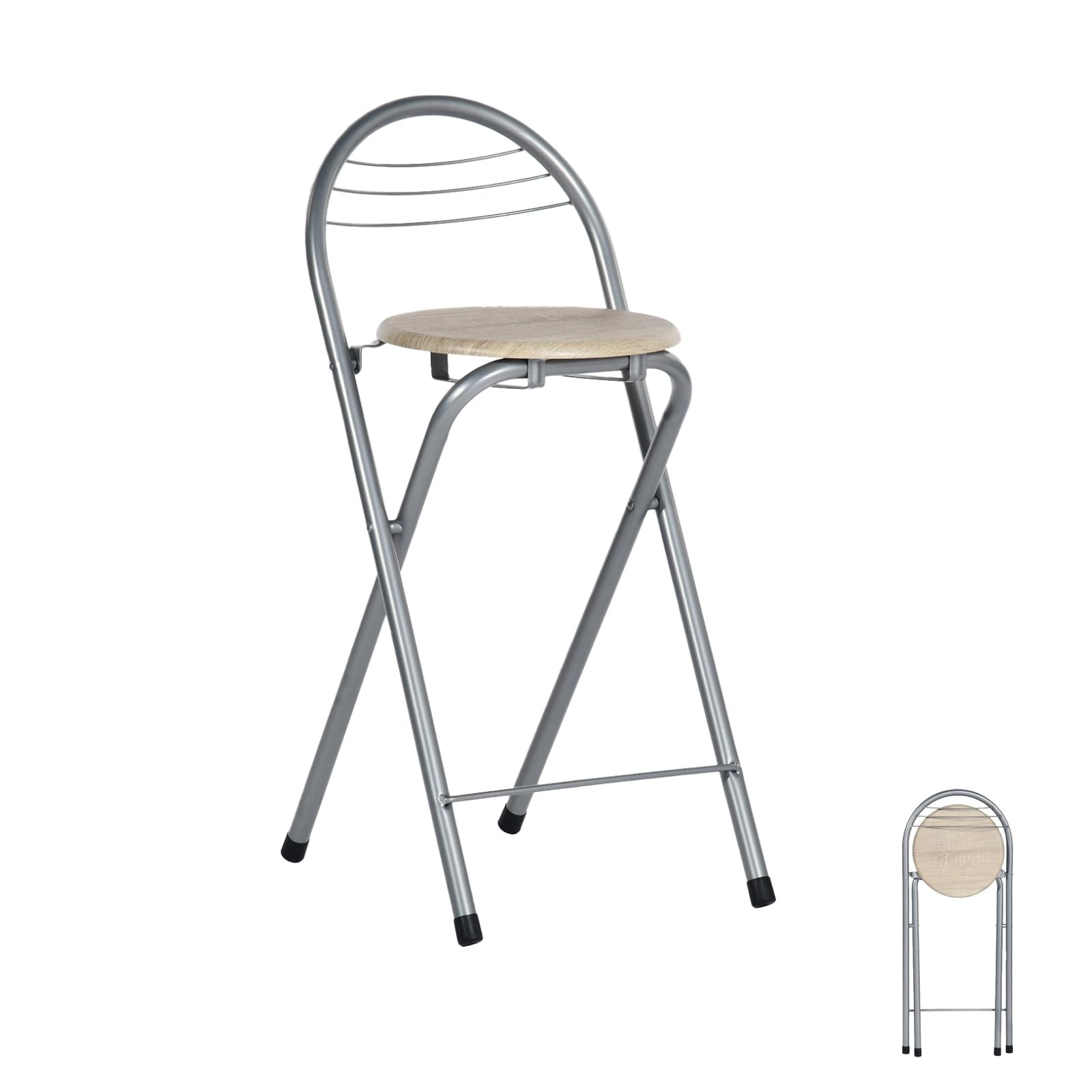 Tabouret de Bar Pliant, Tabouret Pliant Portable Chaise de Bar Pliante avec Dossier Tabouret Pliable pour Bistro Cuisine Terrasse Extérieure, Hauteur d'assise 61 cm, Chêne et Argent