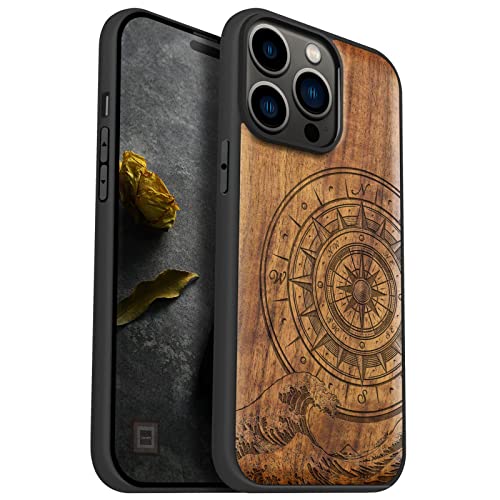 Carveit Wood Case for iPhone 14 Pro Max, (Waves & Compass -Walnut)