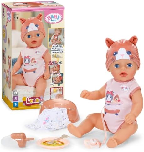 BABY Born Lena 36 cm Babypuppe im Katzen-Strampler mit 7 Funktionen | Katzen-Strampler, Zubehör inklusive, funktioniert ohne Batterien, ab 1 Jahr