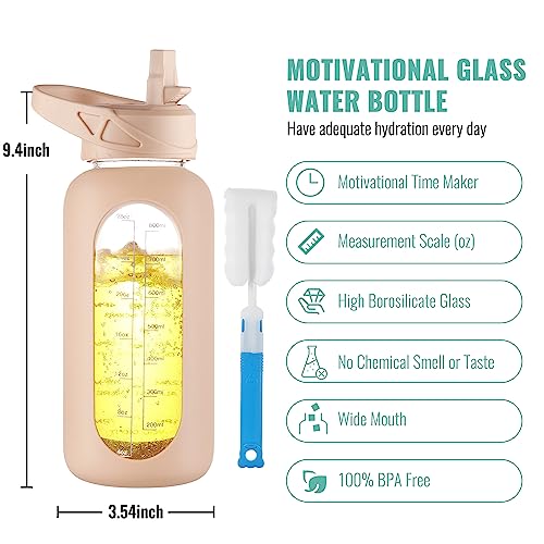 Image of CIVAGO 32 oz Glass Water Bottle with Straw and Handle, Large Sports Motivational Water Bottle Flask with Time Marker and 2 Lids, Leakproof Water Jug Canteen with Silicone Sleeve for Gym,Beige
