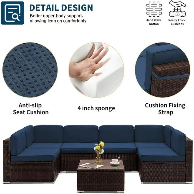 Image of 4PC Patio Furniture Sets, Modular Rattan Outdoor Sectional Furniture Sofa Set, Wicker Patio Conversation for Backyard, Deck, Poolside Coffee Table Set, (Blue)