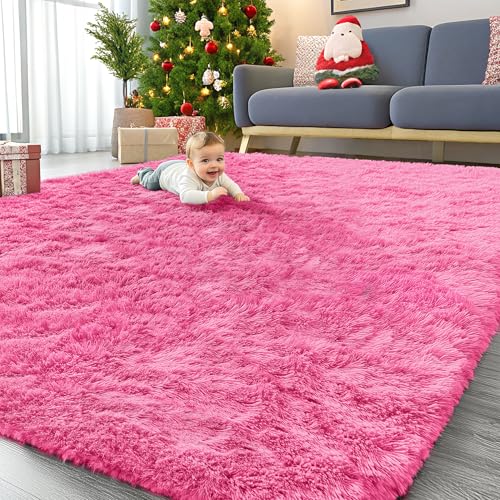 OLANLY 9x12 Machine Washable Large Area Rugs for Living Room, Bedroom, Soft Fluffy Shaggy Bedside Rug, Indoor Floor Carpet for Kids Girls and Boys, Dorms, Nursery, Home Decor Aesthetic, Hot Pink