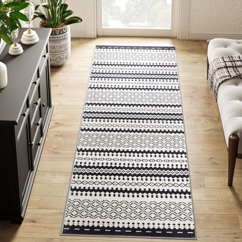 jinchan Moroccan Runner Rug 2x10 for Hallway - Bohemian Kitchen Machine Washable Runner Rug Modern Soft Ultra-Thin Low-Pile Non-Slip Carpet for Entryway Laundry Room Farmhouse (2x10ft, Dark