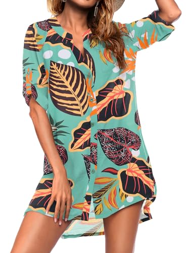 Image of Ekouaer Bathing Suit Cover Up for Women V Neck Button Down Swimsuit Coverup Beach Dress Shirt S-3XL