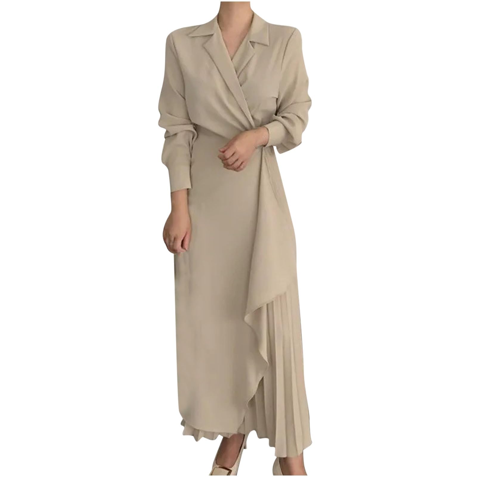 Elegant Long Sleeve Dress for Women Summer Casual Lapel V Neck Pleated Dress Office Dress Flowy Ruched Beach