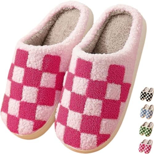 Image of Checkered Slippers for Women and Men - Fuzzy House Slippers with Memory Foam, Comfy Plush Fluffy Indoor House Shoes, Cozy Warm Slip on Bedroom Slippers with Non-Slip Sole