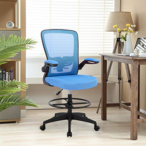 Image of BestOffice Drafting Chair Tall Office Chair Adjustable Height with Lumbar Support Arms Footrest Mid Back Standing Desk Chair Swivel Rolling Mesh Computer Chair Standing Desk Drafting Stool Blue