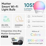 Matter Smart Light Bulbs,WiFi Smart Bulbs Work with Alexa/Google Home/Smart Life,RGBCW Color Changing LED Light Bulbs Music Sync,A21 E26 75W 1055LM,2.4Ghz WiFi Only,No Hub Required,2 Pack - Image 2