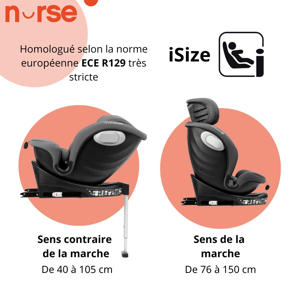 Nurse Titane Siège Auto i-Size 40–150 cm, Pivotant 360º, ISOFIX et Jambe de Support, Dos à la Route et Face à la Route, Protection Latérale, Gris
