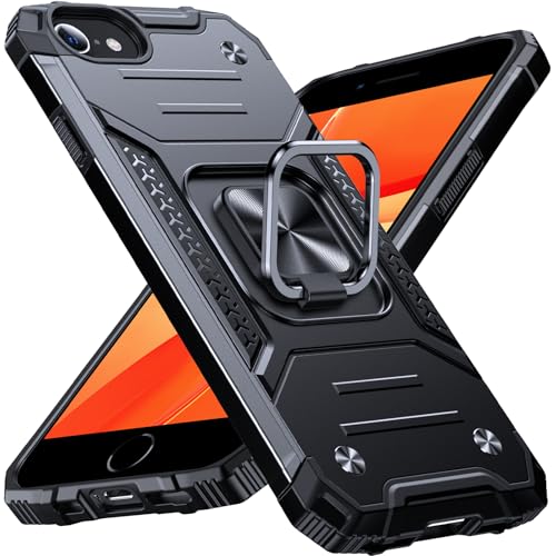 Image of Anqrp Heavy Duty Case for iPhone 6 /7 /8 /SE /SE2 Case with Enhanced Ring Holder Grip Stand, Military Grade Shockproof Rugged Drop Protective Silicone Hard Slim iPhone SE Phone Case Cover, Matte Black