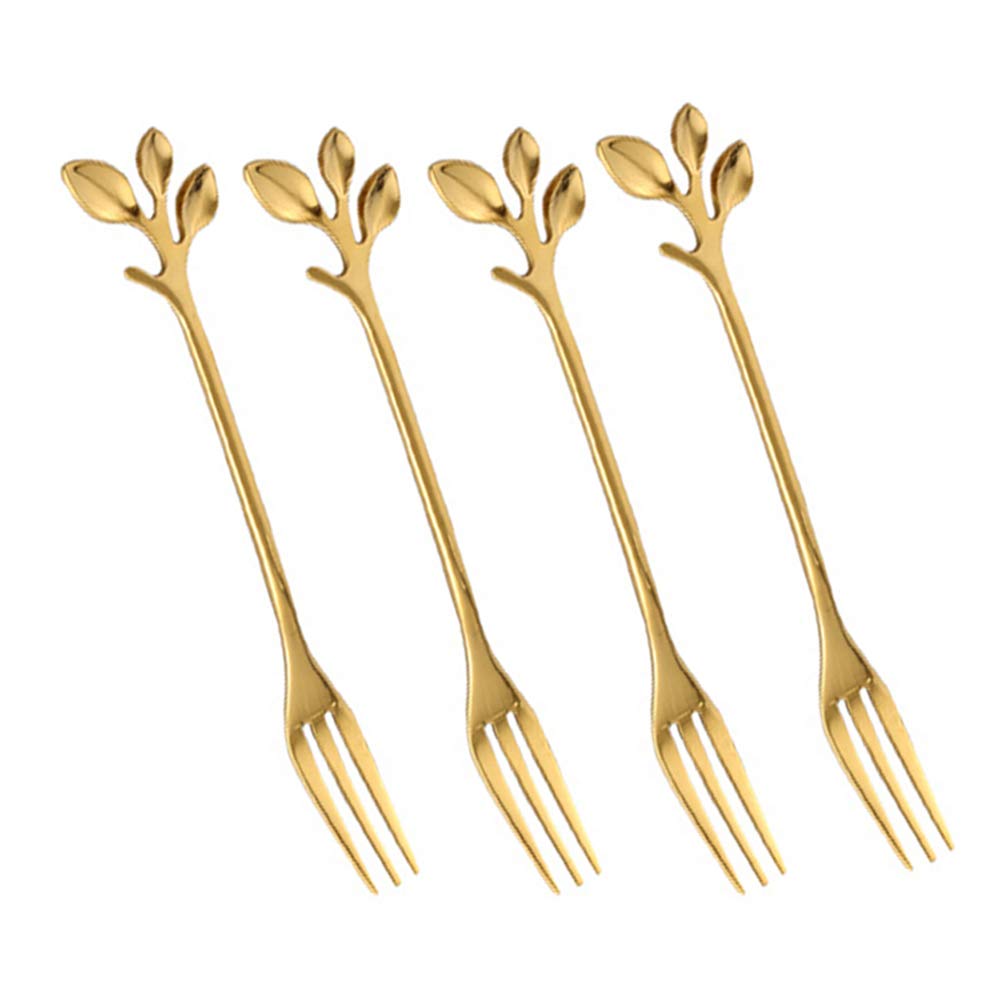 Appetizer Cake Fruit Forks Set of 4,Gold Leaf Cocktail Picks 4.7 Inches Tasting Dessert Forks Kitchen Accessory Wedding Party (4 Forks-Gold)