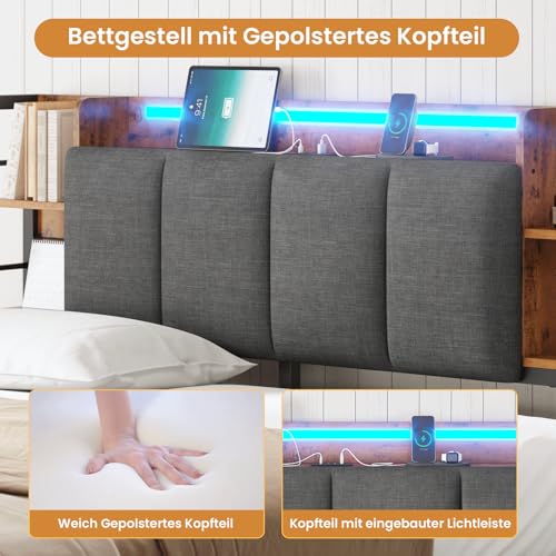 AOGLLATI Bettgestell 140x200 mit LED-Beleuchtung und USB-Ladefunktion, Metallbett Bettrahmen mit Stauraum-Kopfteil Bett mit Gepolstertem Kopfteil Jugendbett Doppelbett mit Lattenrost(140 x 200 cm) – Bild 8