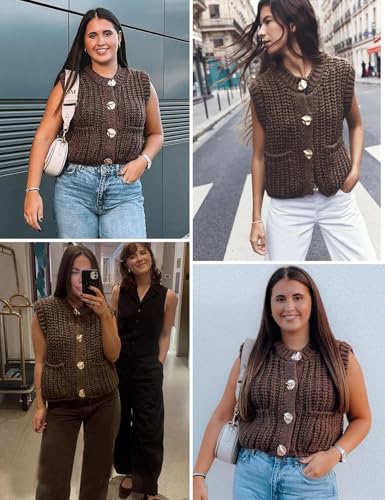 Image of Yimoon Sweater Vest Women Cropped Gold Button Chunky Knit Vest Sleeveless Crop Knit Cardigan(Coffee-M)