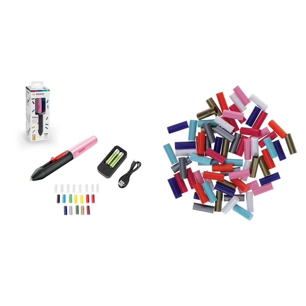 Pistolet à colle chaude sans-fil Bosch - Gluey (Livré avec 20 x mini-sticks de colle, 2 x batteries rechargeables et 1 chargeur USB) + Bâtons de colle scintillants - 70 pièces
