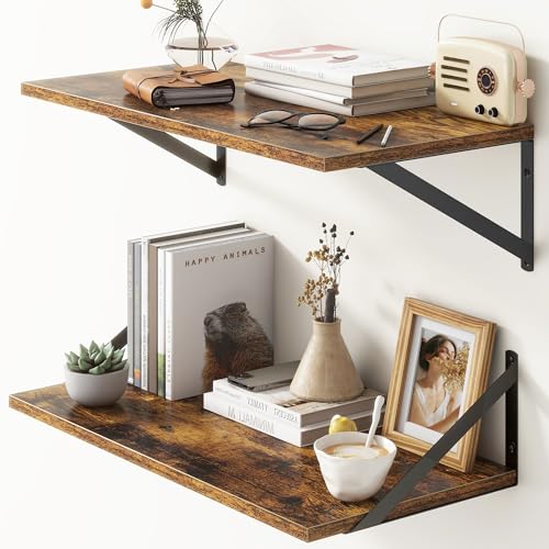 Deep Floating Shelves, 12 Inch Deep Floating Shelves for Wall, 24"W x 12"D Wall Shelves for Books, Large Rustic Wooden Shelf, Wide Display Shelf for Bathroom, Living Room, Rustic Brown, Set of 2