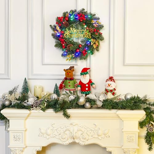 18 Inch Front Door Christmas Wreaths, Pre-Lit Christmas Wreath with 40 Colorful Lights, Artificial Xmas Wreath with Pine Cones, Ball, Berry Clusters, Perfect for Window Indoor Outdoor