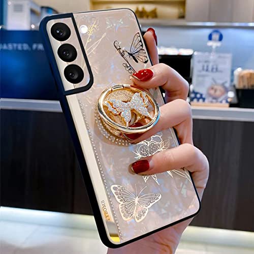 Topwin Kickstand Case, Cute Marble Conch Shell Floral Butterfly with Ring Stand Elegant Shockproof Protective Cover for Girls Women for Samsung Galaxy S22 Plus (Rose Gold)