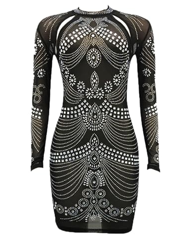 Image of PORRCEY Women's Sexy Elegant Rhinestone Mesh Party Club Night Mini Dress