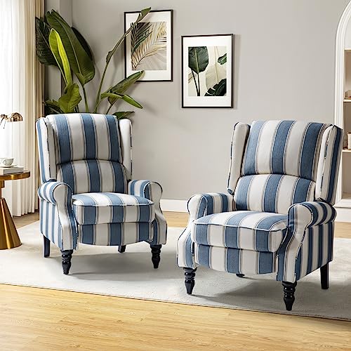 HULALA HOME Upholstered Wingback Recliner Chair Set of 2 Small Adjustable Footrest Push Back Single Reclining Sofa Mid Century Modern Lounge Armchair for Living Room Bedroom ReadingStripe Navy