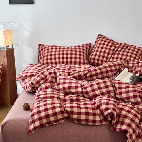 Image of EAVD Vintage Style Red Gingham Duvet Cover Twin Soft 100% Washed Cotton 3-Piece Reversible Plaid Checkered Bedding Set with 2 Pillowcases Farmhouse Buffalo Plaid Duvet Cover with Zipper Closure