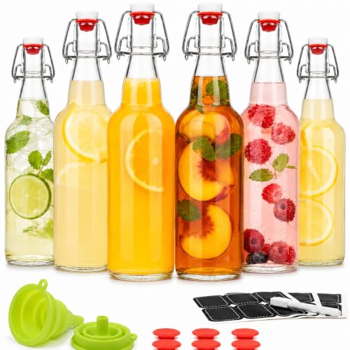 WILLDAN Set of 6-16oz Swing Top Glass Bottles - Flip Top Brewing Bottles For Kombucha, Kefir, Vanilla Extract, Beer - Airtight Caps and Leak Proof Lids, Bonus Gaskets and Funnel